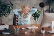 © deagreez - Photo of professional corporate worker lady arms touch head look screen wear shirt modern loft interior office indoors