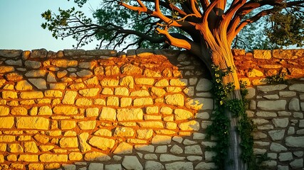 A weathered tree trunk reaching over a rough stone wall, its bark adorned with vibrant green foliage. The sun casts warm light on the scene, highlighting the textures and contrasts.