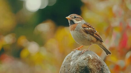 Wall Mural - A small brown and white sparrow perched on a rock with a blurred background of green and yellow foliage.