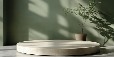 Poster - Round Marble Podium with Plant Against Green Wall