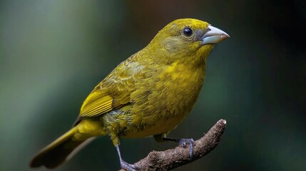 Wall Mural - A small yellow bird with a white beak perched on a branch.