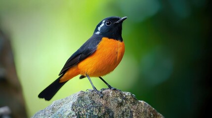 Wall Mural - A small, brightly colored bird with black, white, and orange plumage perches on a rock in a natural setting.