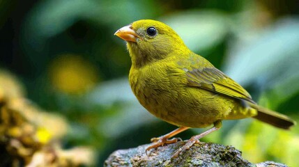 Wall Mural - A small, yellow-green bird perches on a branch, its head tilted slightly to the side.