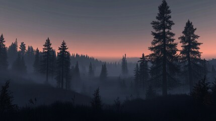 Poster - A forest at dusk with a foggy mist