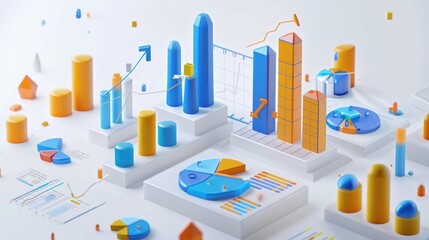 Wall Mural - interactive 3d financial report model with segmented bar charts, expense breakdowns, and arrows indi
