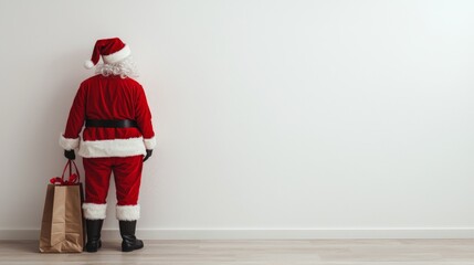 Wall Mural - Santa prepares for christmas by standing quietly with a bag of gifts against a blank wall