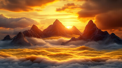 Wall Mural - Golden Sunset Over Mountain Peaks Illustration