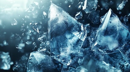 Poster - Shattered ice crystals glistening in blue light, showcasing intricate textures and forms in a close-up setting
