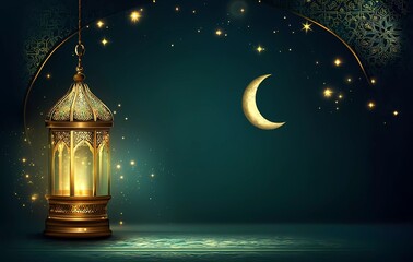 Poster - Eid Mubarak and Ramadan Kareem greetings with an Islamic lantern, podium stage design background for product display, a golden color theme