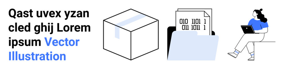 Package box, data files in folder, person with laptop. Ideal for digital organization, data management, remote work, cloud storage, office productivity, tech solutions, binary code. Landing page