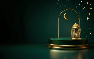 Poster - Vector Ramadan Kareem banner background with golden podium and lantern, crescent moon, stars on dark green color for Islamic celebration holiday illustration design template