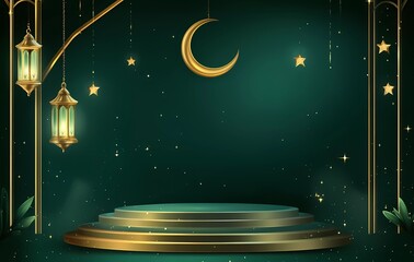 Poster - Vector Ramadan Kareem banner background with golden podium and lantern, crescent moon, stars on dark green color for Islamic celebration holiday illustration design template