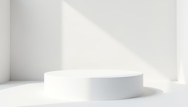 3D rendered round podium with soft shadows and natural light in bright white setting for product display