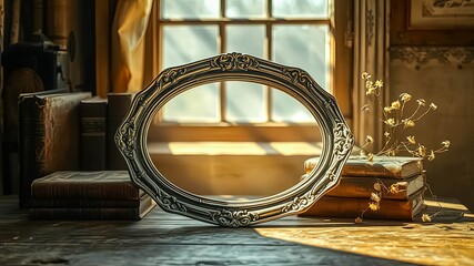 Wall Mural - A vintage ornate oval frame rests upon weathered books and a wooden surface, bathed in soft natural light streaming through a window.