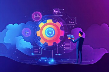 Poster - A business professional standing in front of a colorful gear graphic representing data analysis and technology at night. Generative AI