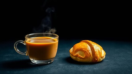 Wall Mural - A steaming cup of coffee and a golden pastry on a black background, perfect for a morning delight.