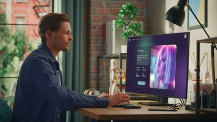 Fototapete - Young Creative Marketing Brand Specialist Uses AI Image Generation Software on Desktop Computer, Creating Futuristic Woman Portrait. Digital Art Creator using AI Assistant for Ebusiness