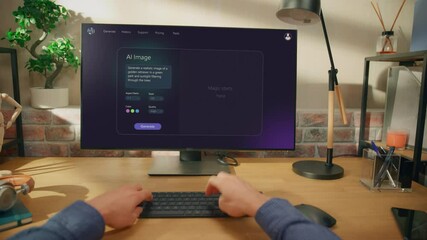 Fototapete - POV Shot: Person Using Computer and Screen Displays an AI Chatbot Interface With Productivity Tips. Innovative AI Virtual Assistant Generates Creative Visual Content, Cute Dog. Point of View Angle