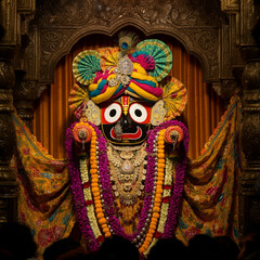 Wall Mural - Traditional idol of Lord Jagannath adorned with colorful flowers, symbolizing devotion and festive celebration