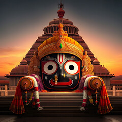 Wall Mural - Temple facade with a large idol of Lord Jagannath, representing spirituality, devotion, and architectural grandeur