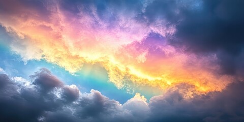 Poster - The beauty of the rainbow clouds above the dark clouds in the evening.
