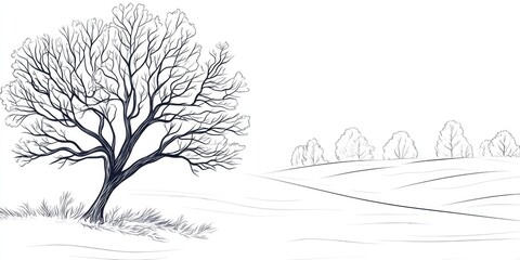 Aufkleber - Outline of a tree and a snow-covered field in winter.