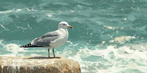 Poster - A seagull is positioned in front of the ocean, which appears dirty. It's a summer day.