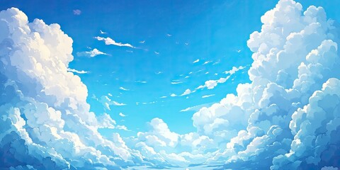 Poster - Blue sky with fluffy white clouds in the background. Summer blue sky and white clouds against a white backdrop. Beautiful, clear clouds in the sunlight during a calm season.