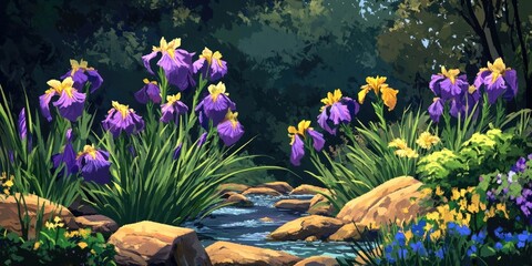 Aufkleber - Purple and yellow iris flowers blooming in the garden.
