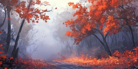 Aufkleber - Enchanting autumn forest, romantic, misty, and foggy scenery.