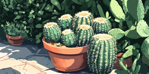 Aufkleber - Cactus in a pot within a cactus garden.