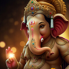 Wall Mural - Close-up of Lord Ganesha with festive lighting, symbolizing joy, prosperity, and cultural celebration