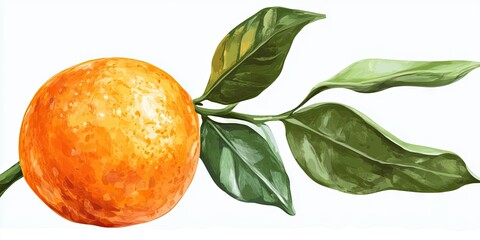 Poster - Beautiful, juicy tangerine with green leaves set against a white background.