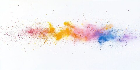 Poster - Abstract powder scattered on a white background, capturing the freeze motion of color powder bursting or being thrown, creating a multicolored glitter texture.