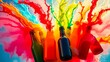 © Ole Studio - A colorful explosion of vibrant liquids erupts from a group of glass bottles against a blue sky background. The dynamic splashes create a surreal and abstract composition.