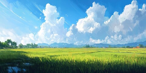 Poster - A perspective of rice fields against a backdrop of blue sky.