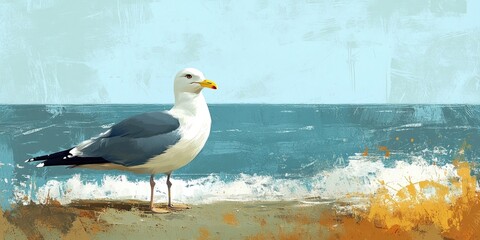 Poster - A seagull is positioned in front of the ocean, which appears dirty. It's a summer day.