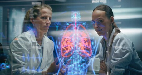 Aufkleber - Physician And Patient Examine Detailed Pulmonary Holograms, Discussing Treatment Options, AI Maps Bronchial Flow Dynamics Function, Analysis Of Respiratory Pathways For Personalized Intervention.