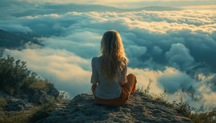 Wall Mural - Woman sitting on a rock overlooking clouds at sunset in a serene mountain setting