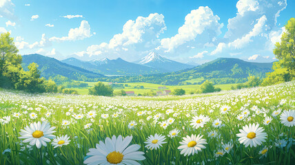 Wall Mural - Idyllic countryside with fields of daisies blooming over green hills, capturing spring