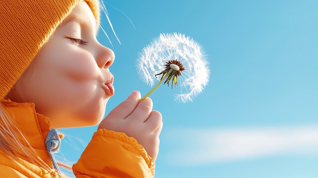 A joyful child in an orange jacket blowing on a dandelion, creating a whimsical scene against a bright blue sky.