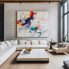 Wall Mural - a modern, minimalist living room with a white sofa, a wooden coffee table, an abstract painting, and lots of natural light.