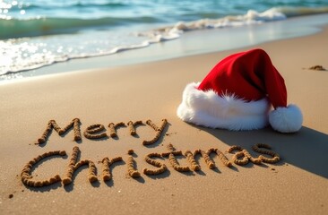 Merry Christmas written on sand with Santa hat at beach