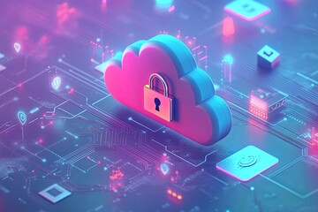 Poster - A vibrant digital illustration of a secure cloud with a padlock surrounded by glowing technology icons representing cybersecurity. Generative AI