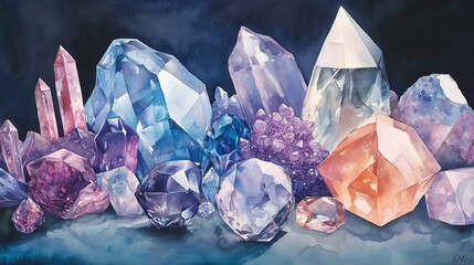 Poster - a vibrant collection of crystals and gemstones displaying various shapes and colors against a dark b