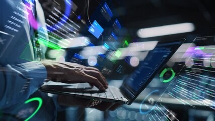 Fototapete - Businessman Interacts With Data Visualization on Laptop. Holographic Charts, Graphs, and Code Surround the Device, Advanced Technology and Data Analysis. Flow of Big Data, Growth and Productivity