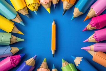 A striking top view of an array of colorful wooden pencils