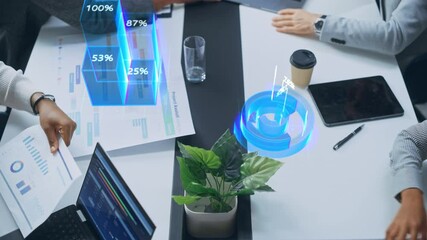 Aufkleber - Top View of a Business Meeting With Interactive Holographic Data Visualizations. Professionals Analyze Charts, Graphs, and Percentages Projected. AI Technology in Modern Corporate Revenue Growth