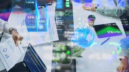 Aufkleber - Top Down Smart Meeting: AI-Enhanced Data Analytics Dashboard, Real-Time Holographic Business Intelligence, Machine Learning Projections, Digital Transformation Strategy, Augmented Boardroom Technology