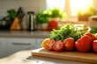 © Anton - Sunlit fresh tomatoes and herbs on kitchen board.